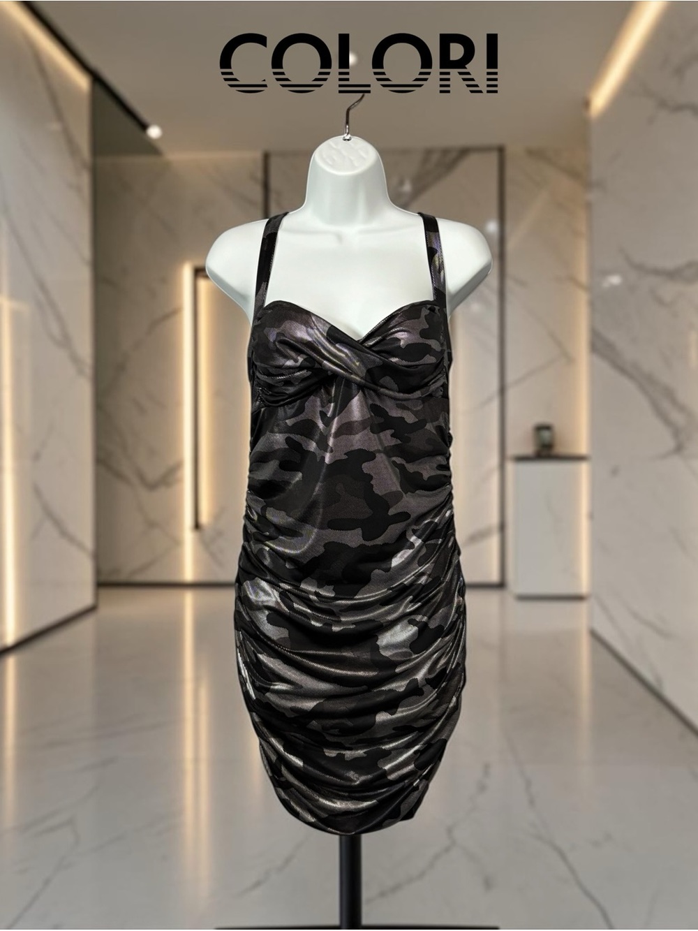 Colori, Camo Ruched Bodycon Dress, Size L, Stretch, Party Club, Mini Dress